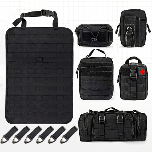 Black MOLLE-Style Seatback Car Organizer Panel with Five Detachable Pouches and Six Keychains