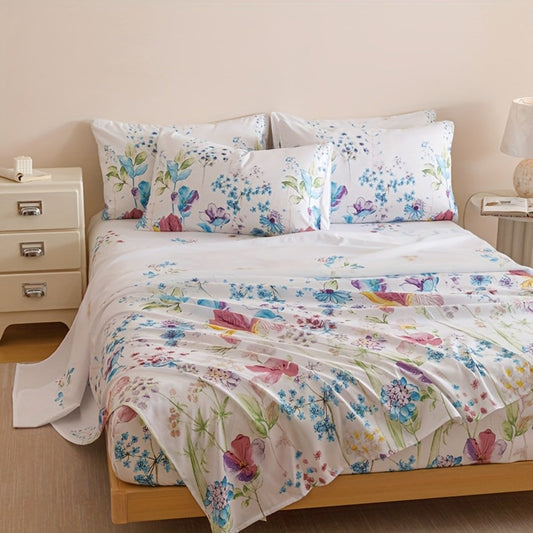 Four-Piece Floral Polyester Sheet Set with Fitted and Flat Sheets, Two Pillowcases and Four Sizes