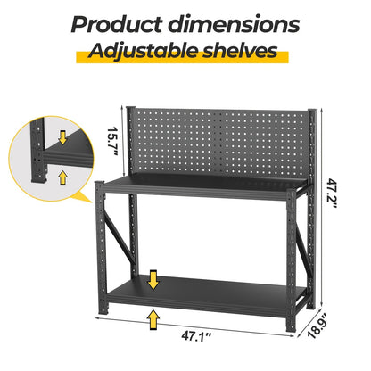 47-Inch Black Metal Workbench with Pegboard, Two Adjustable Shelves and 47.2 x 47.09 x 19-Inch Frame