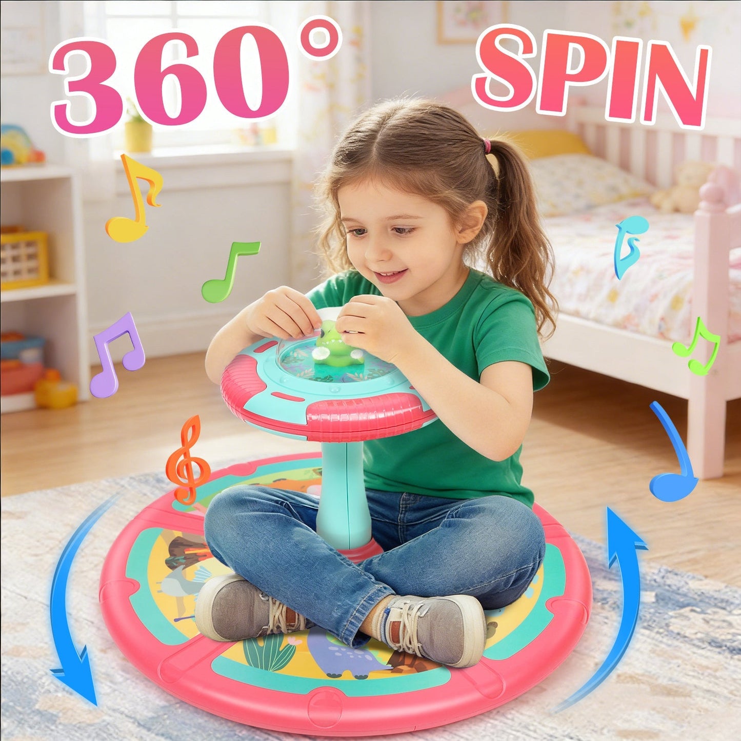 Dinosaur Spin Seat Toy for Toddlers 18 Months+, 360° Sit and Spin with Music, Indoor Interactive Sensory Balance Toy