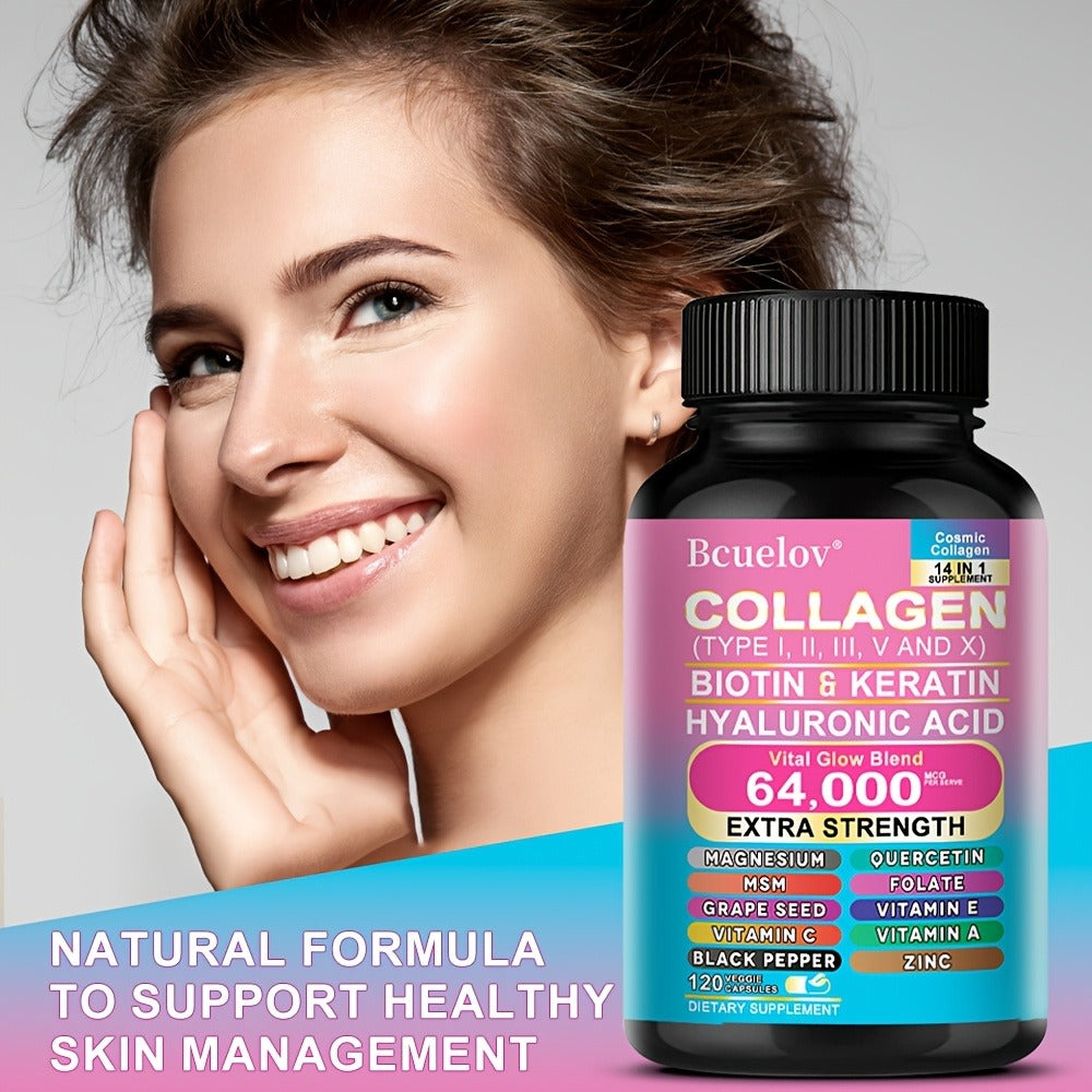 Collagen Capsules Types I II III V X with Biotin Keratin Hyaluronic Acid, Supports Skin Elasticity Hair Growth & Nail Strength