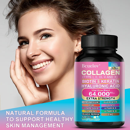 Collagen Capsules Types I II III V X with Biotin Keratin Hyaluronic Acid, Supports Skin Elasticity Hair Growth & Nail Strength