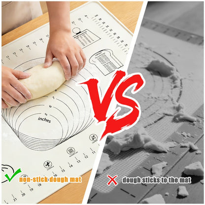 Silicone Baking Mat Set 4pcs, Extra Thick Non-Stick Pastry Mat with Measurement Scales, Non-Slip Dough Kneading Mat, Includes Rolling Pin