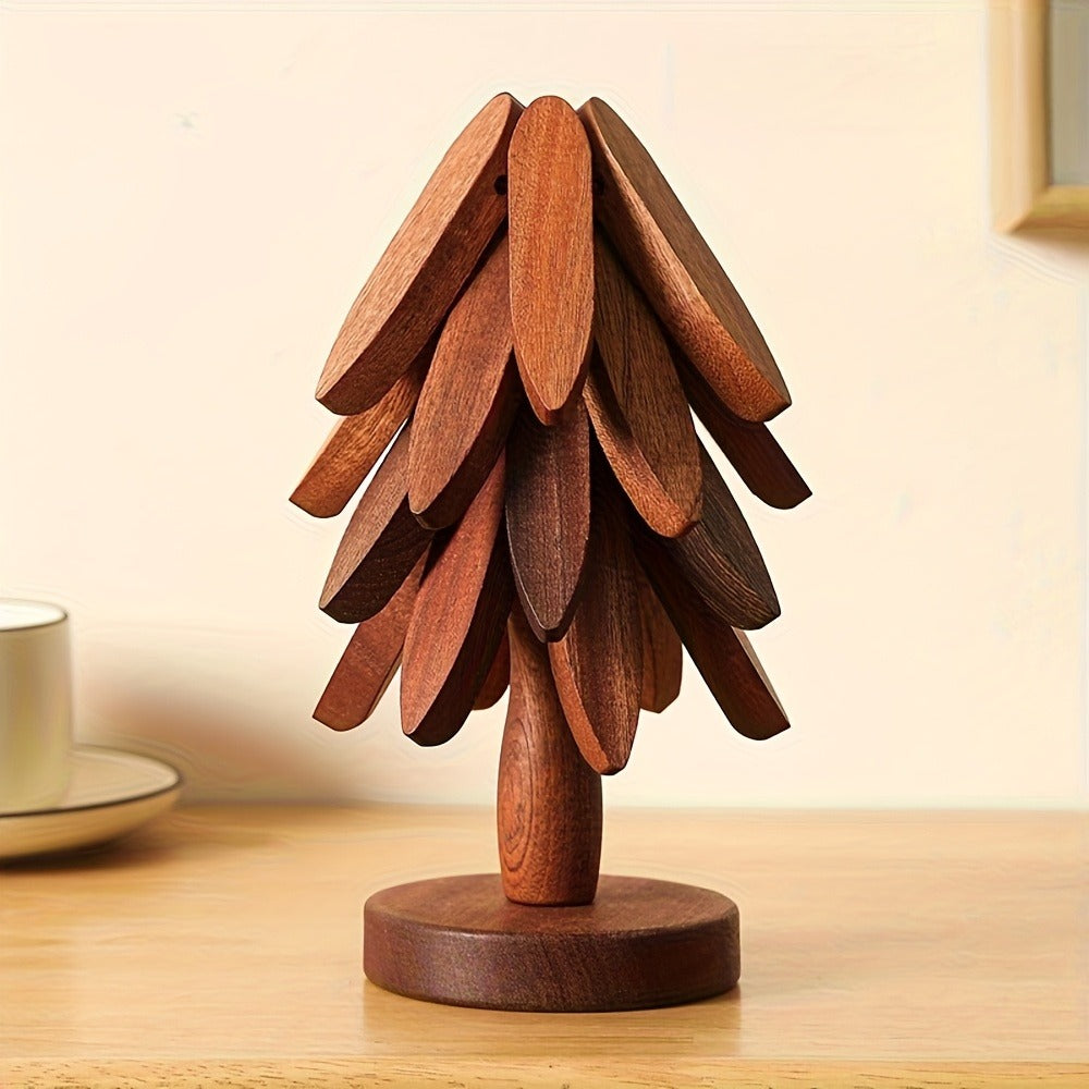 Solid Wood Trivet Mat Set 6pcs with Storage Rack, Heat-Resistant Tree-Shaped Coasters for Home Cooking, Dining and Outdoor Meals