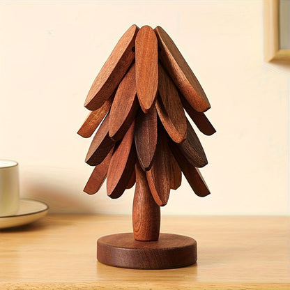 Solid Wood Trivet Mat Set 6pcs with Storage Rack, Heat-Resistant Tree-Shaped Coasters for Home Cooking, Dining and Outdoor Meals