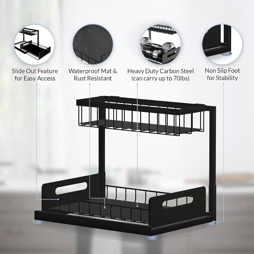 Under Sink Storage Organizer 2-Tier Sliding Metal Shelf in 1-Pack or 2-Pack, Black, White or Gray