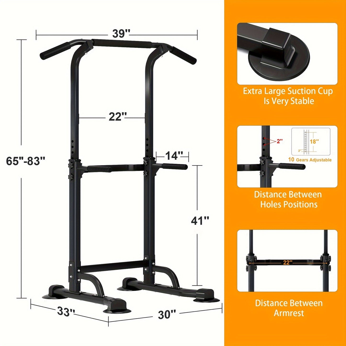 Power Tower Dip Station Pull Up Bar for Home Gym – 330lb Capacity, 10 Height Levels 65"-83", 6 Exercise Positions