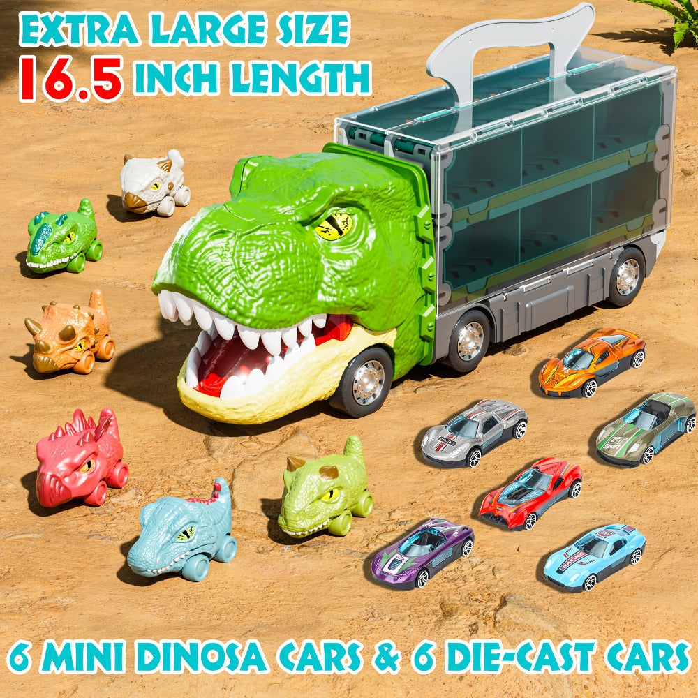 Dinosaur Truck Toys 13-in-1 Transport Carrier with 63-Inch Foldable Race Track, 6 Dino Cars + 6 Die-Cast Cars