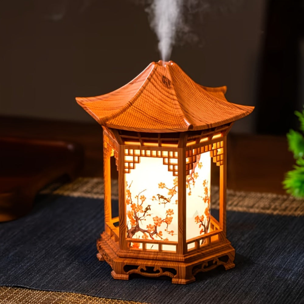 Mini Humidifier with Night Light USB Powered Cool Mist Quiet Operation Chinese Pagoda for Entryways, Bedrooms and Living Spaces