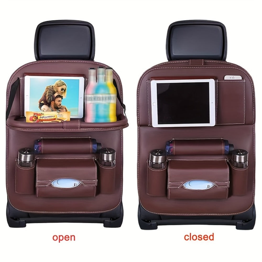 All-in-One Back Seat Organizer with Foldable Table Tray, Kick Mats, Cup Holder, Tissue Box, Umbrella Holder & Laptop Tray – 2-Piece Set