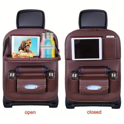All-in-One Back Seat Organizer with Foldable Table Tray, Kick Mats, Cup Holder, Tissue Box, Umbrella Holder & Laptop Tray – 2-Piece Set