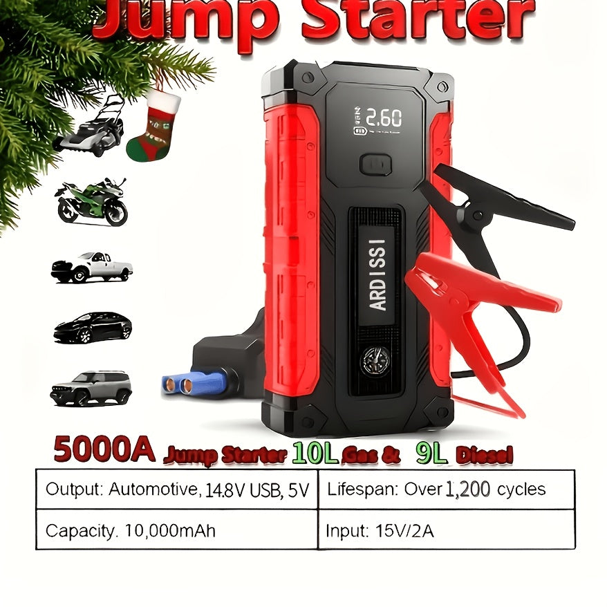 5-in-1 Jump Starter 5000A Peak – 10000mAh Power Bank, 150PSI Air Inflator, Type-C & LED Emergency Light for 12V Gas & Diesel Engines