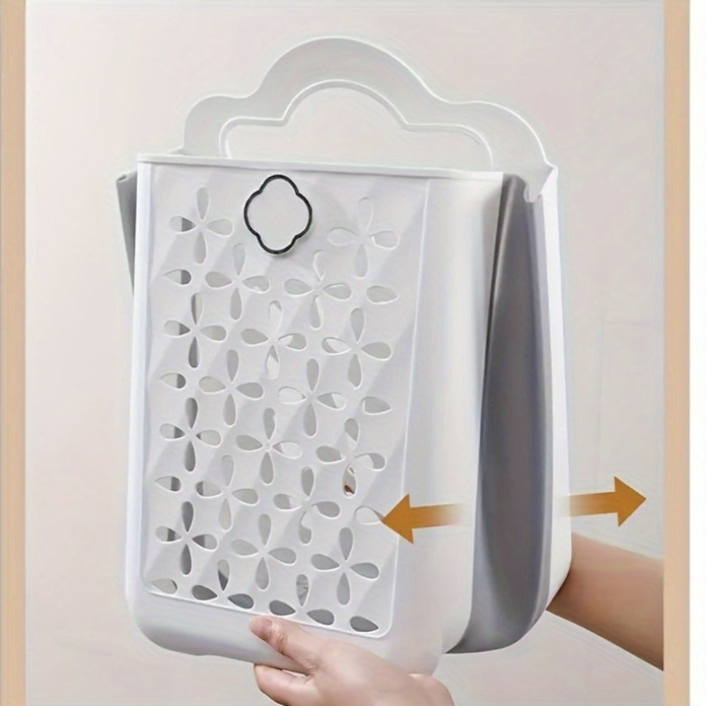 White Wall-Mounted Foldable Laundry Basket with Cutout Panels, Carry Handle and 39 cm Height