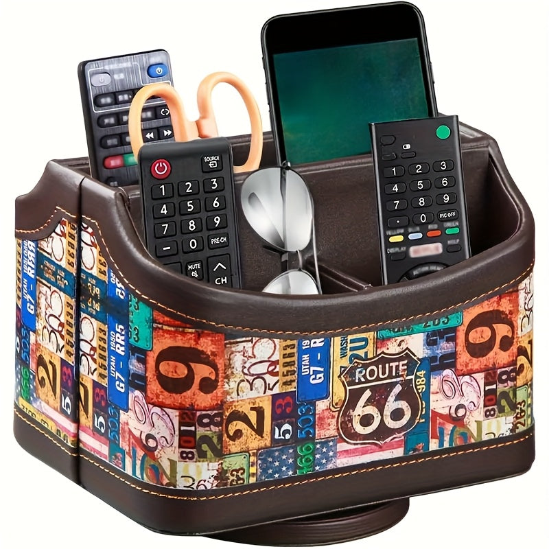 Rotating Faux Leather Remote Control Caddy with Five Compartments, Six Color or Pattern Options and 7.5-Inch Width