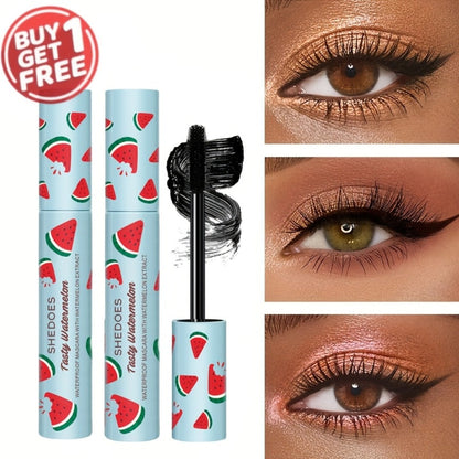 Black Mascara Two-Piece Set in Blue Watermelon-Print Tubes with Straight Black Bristle Applicator Wands