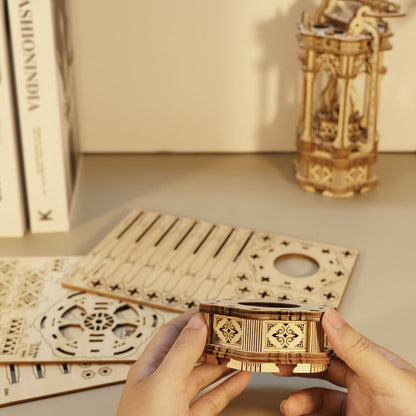 LED Wooden Lantern Model Kit, Rotating Mechanical 3D Wooden Puzzle for Adults & Teens, Glowing Vintage Desk Decor Display