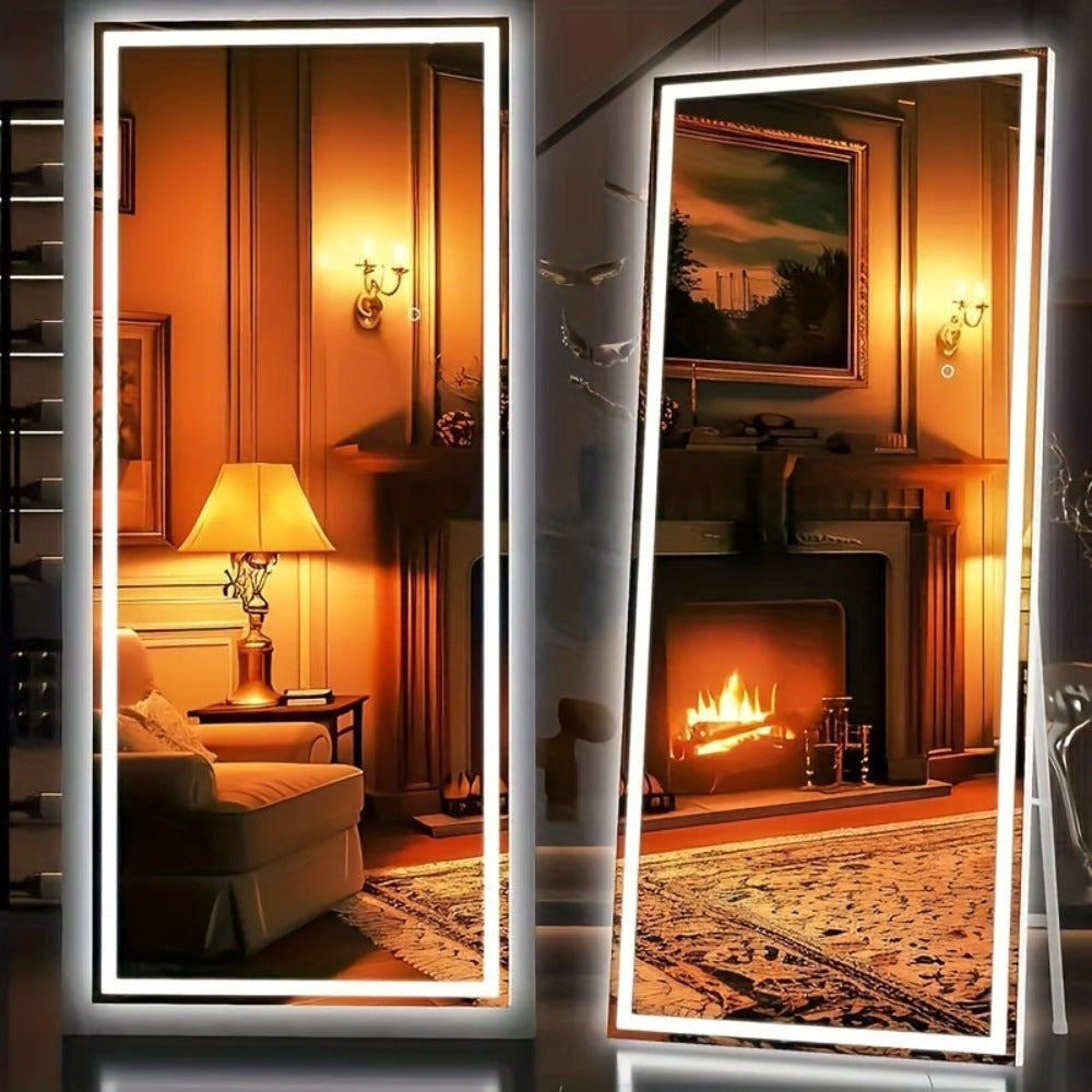 Full Length Mirror Floor Standing with LED Light – Arched & Rect Aluminum Frame Dressing Mirror for Bedroom Living Room, Black/Golden/White