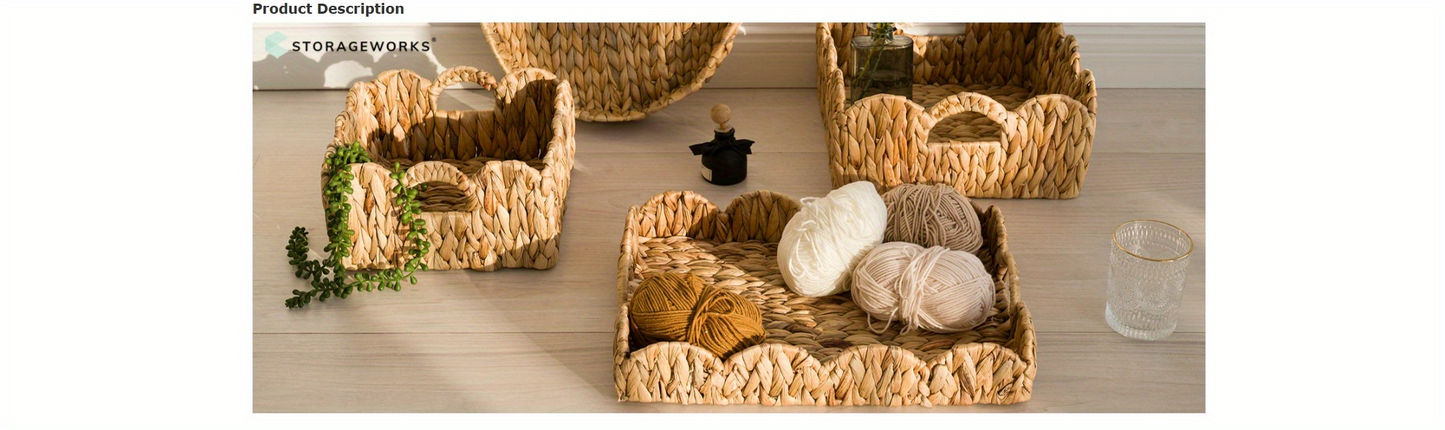 Scalloped Wicker Storage Baskets Set of 2 with Handles in Water Hyacinth or Seagrass Weave