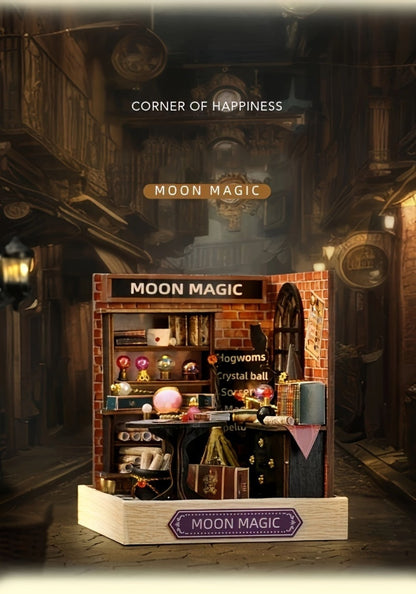 DIY Wooden Tiny House Kit with Dust Cover, Handmade Miniature Dollhouse Puzzle, 3 Themes Afternoon Tea Rotating Food House Moon Magic