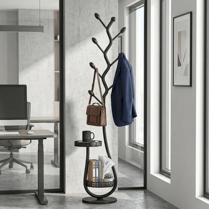 Clothing Rack with Shelf Freestanding Metal Garment Rack - Standalone Vertical Clothes Organizer with Coat Hat Hooks
