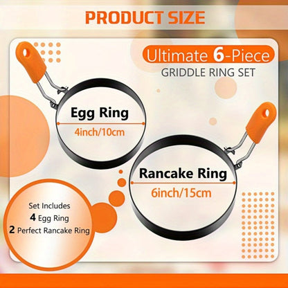 Egg Ring Set 6pcs Nonstick Stainless Steel Pancake Mold 4 Inch and 6 Inch Silicone Handle for Entryways, Bedrooms and Living Spaces
