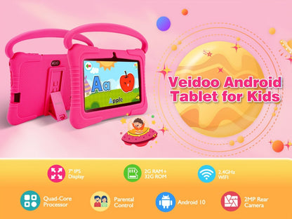 Veidoo Kids Tablet 7 Inch Eye Protection Screen 2GB RAM 32GB ROM Android WiFi Dual Camera Parental Control Educational Games Drop-Proof