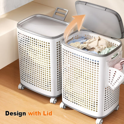 Rolling Laundry Basket with Lid and Wheels, Large Foldable Ventilated Storage Bin with Lockable Casters