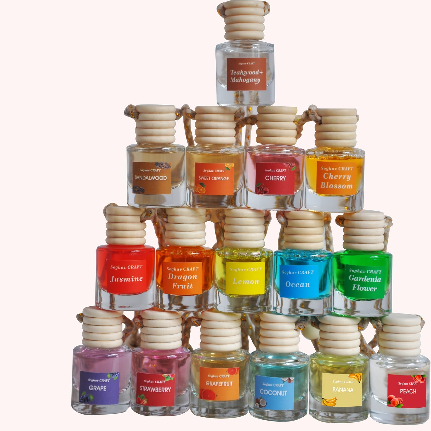 Hanging Bottle Car Air Freshener Sets in 12- or 36-Piece Random Six-Scent Packs with Wooden Caps and Cords
