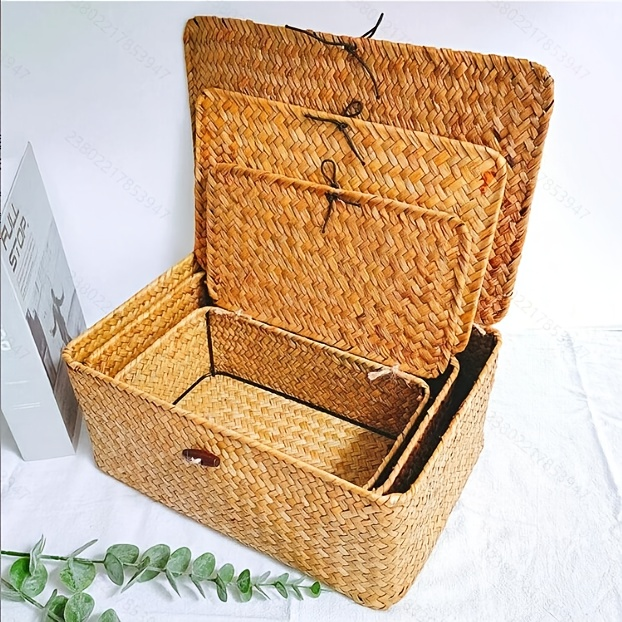 Rattan Storage Baskets Set of 3 with Lattice Lids and Label Holders in Graduated Sizes for Home Organization