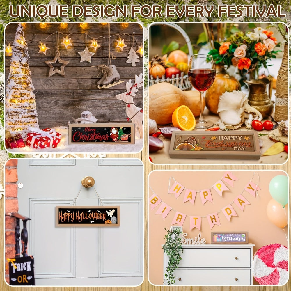 Interchangeable Seasonal Wood Welcome Sign 25-Piece Set – Wooden Frame Table Decor with Swappable Holiday Signs for Fall, Thanksgiving