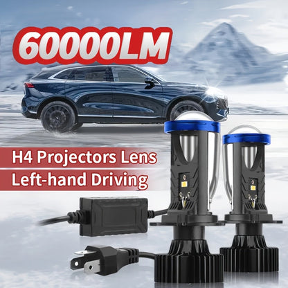 H4 LED Headlight Bulbs 2pcs 60000 Lumens 420W 3570 CSP Chip Projection Lens 6000K White High Low Beam 12-24V Ultra Bright Upgrade for Motor