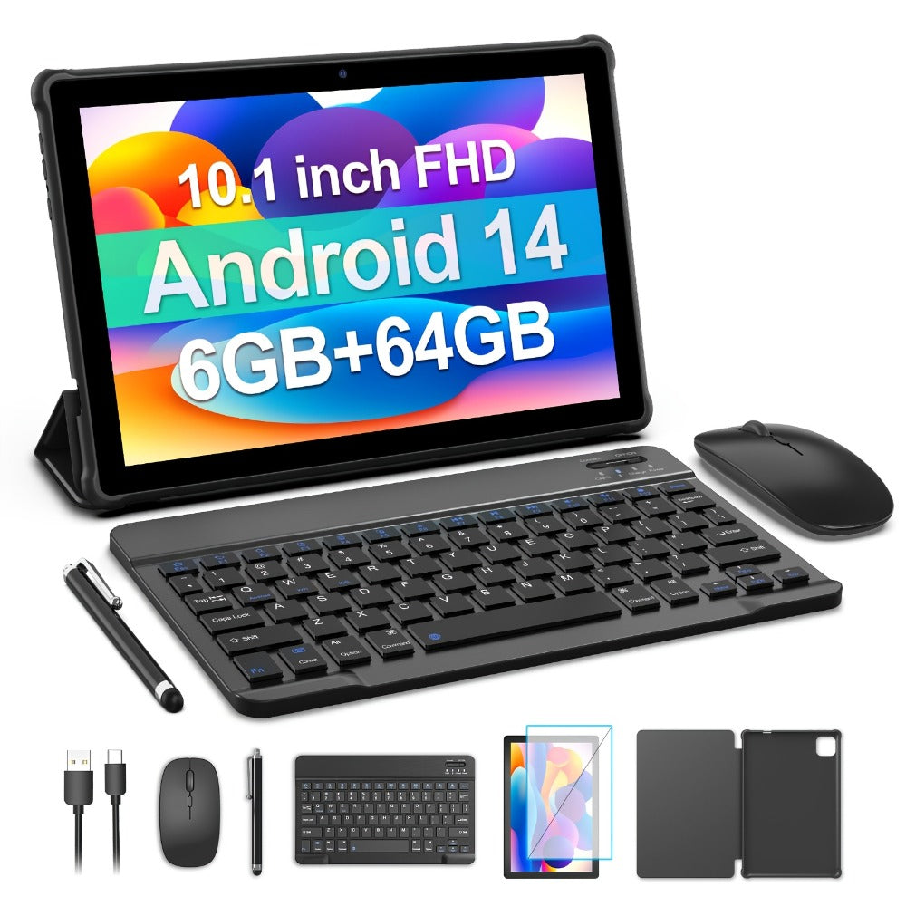 Android Tablet 10-Inch 2-in-1 with Android 14, WiFi 6, 64GB Internal Storage and Keyboard Set