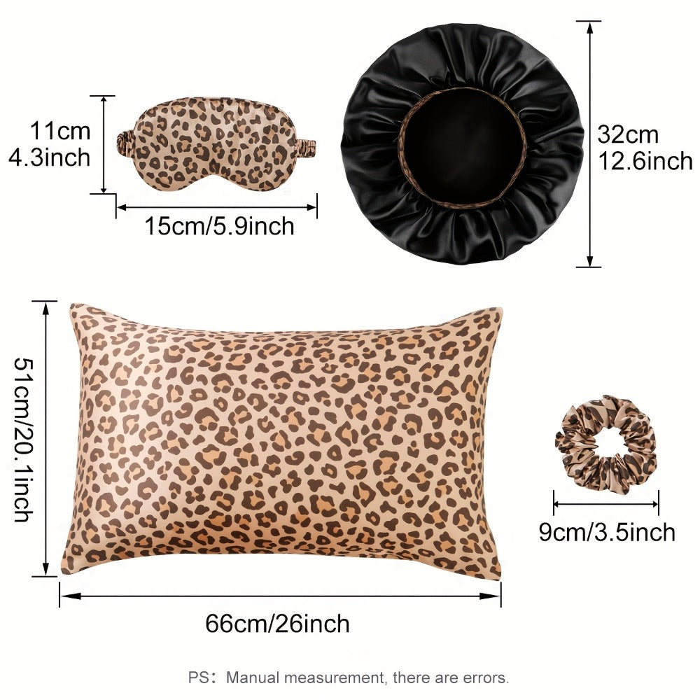 Leopard Print Pillow Covers Set of 4 with Sleep Mask and Headband Machine Washable Polyester Woven Fabric Travel Bedroom Decorative