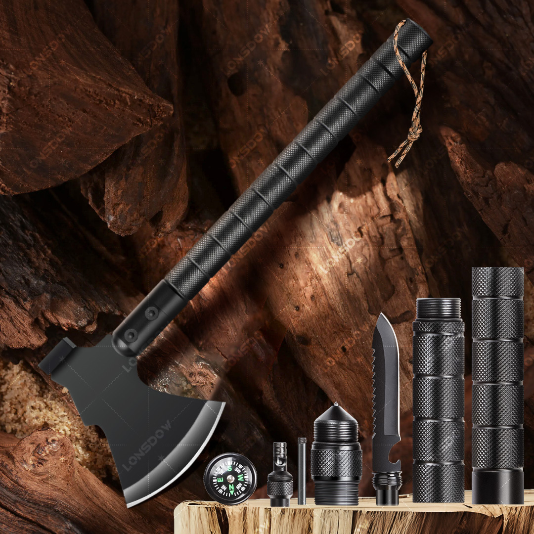 Multi-Tool Survival Hatchet with Hammer, Flint Fire Starter & Protective Sheath – Durable All-Purpose Axe for Camping, Hiking, Fishing