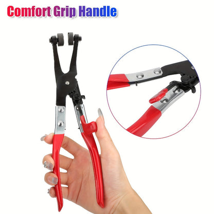 Two-Piece Hose Clamp Pliers Set with Flat and Angled Swivel Jaws, Red Handles and Pictured 22 cm Length