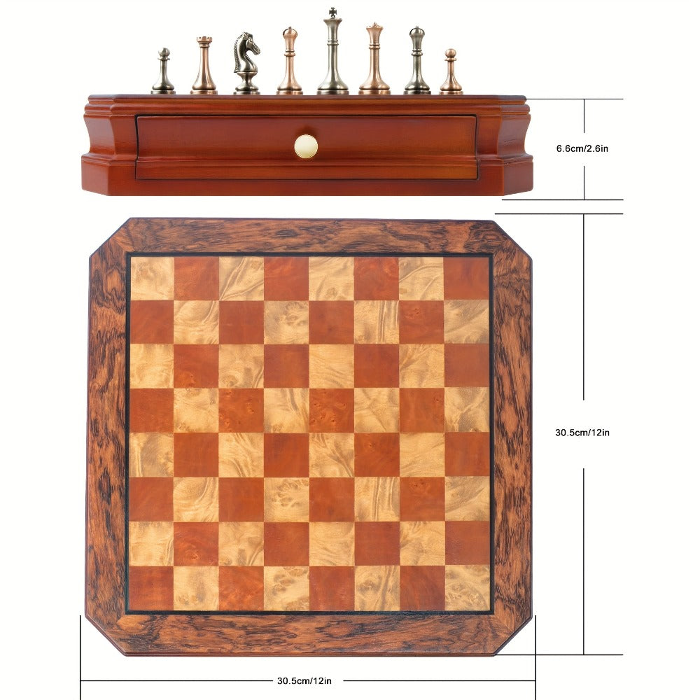 Wooden Chess Set with Metal Pieces & Storage Drawers 12 Inch – 2.5" Kings 2 Extra Queens Vintage Mahogany Board for Adults Beginners
