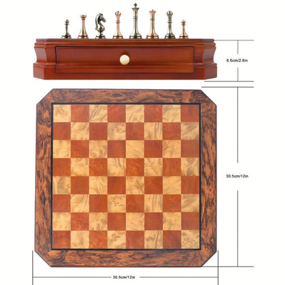 Wooden Chess Set with Metal Pieces & Storage Drawers 12 Inch – 2.5" Kings 2 Extra Queens Vintage Mahogany Board for Adults Beginners