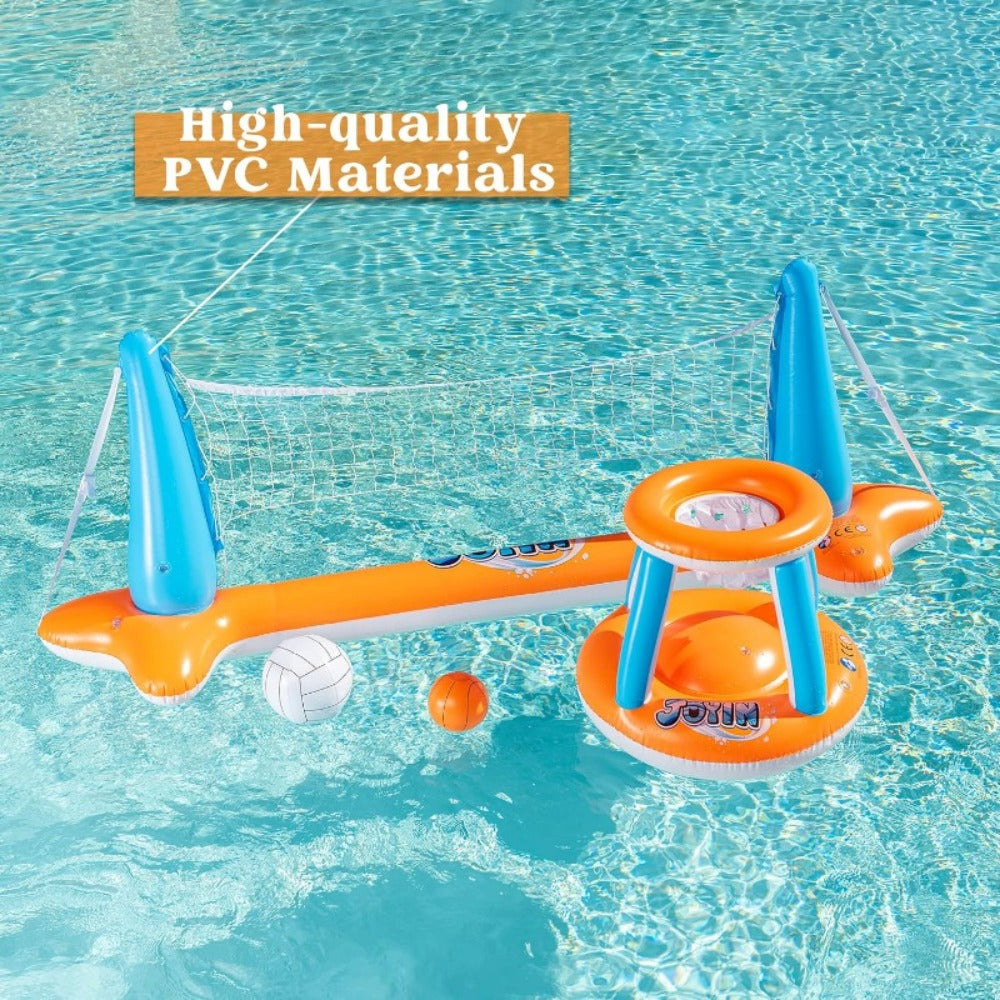 Inflatable Pool Game Set for Kids & Adults, Volleyball Net Court & Basketball Hoops with Balls