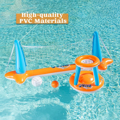 Inflatable Pool Game Set for Kids & Adults, Volleyball Net Court & Basketball Hoops with Balls