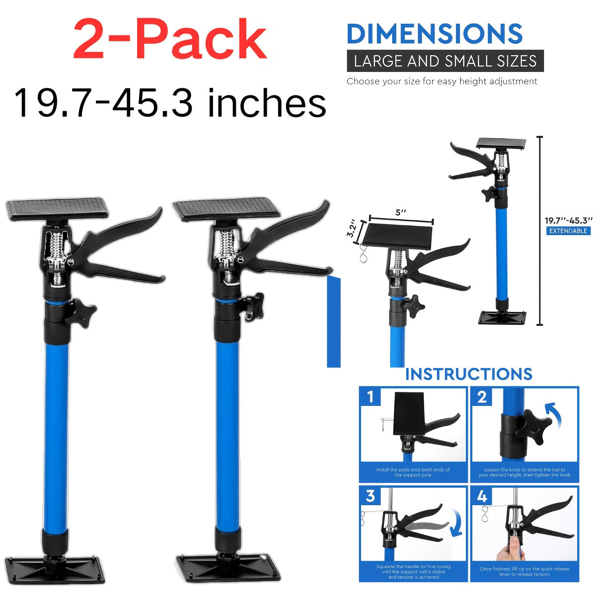 Adjustable Steel Support Rods for Drywall & Cabinet Installation, Extendable Construction Support Poles 19.7"-45.3" / 45"-114"