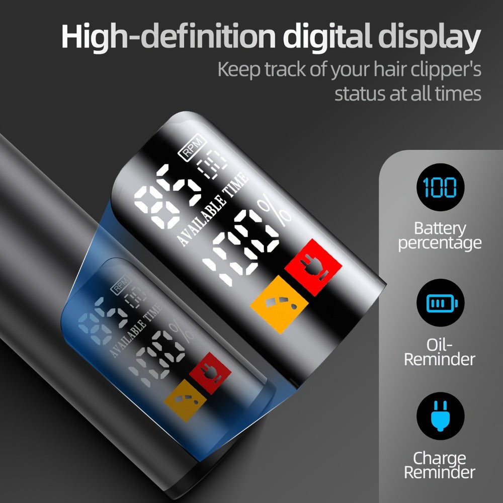 Hair Clipper Cordless Type-C Trimmer with LCD Display, Six Guide Combs and Two Finish Options