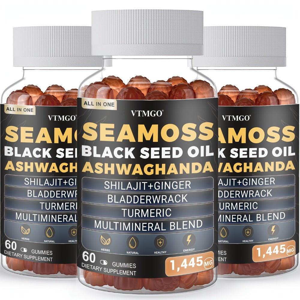 Sea Moss Gummies 1445mg with Shilajit Black Seed Oil Ashwagandha Elderberry Chlorophyll Turmeric Bladderwrack Ginger