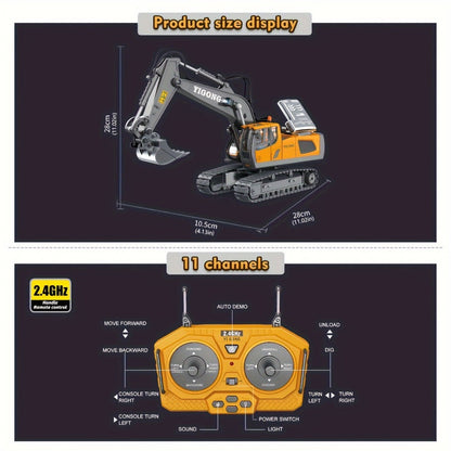 Remote Control Excavator Toy Set for Kids with Metal Shovel Bucket LED Lights & 1200mAh Rechargeable Battery