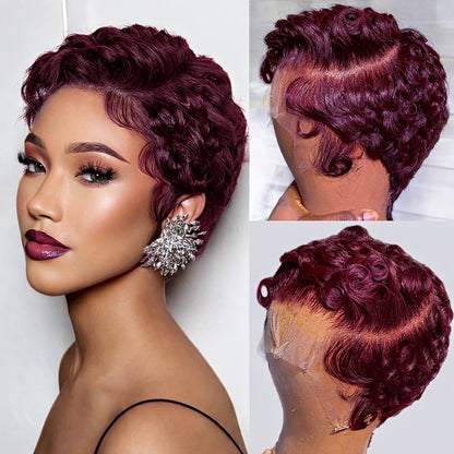 Pixie Cut Wig Human Hair 13x4 HD Lace Front Short Curly Body Wave Loose Deep Wave Finger Wave, for Home, Travel and Salon Hair Styling