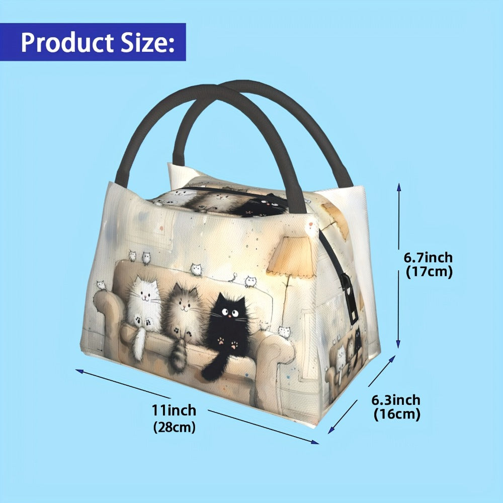 Cat Print Lunch Bag Tote, 11 x 6.3 x 6.7 Inches with Top Zipper, Dual Carry Handles and Tapered Profile