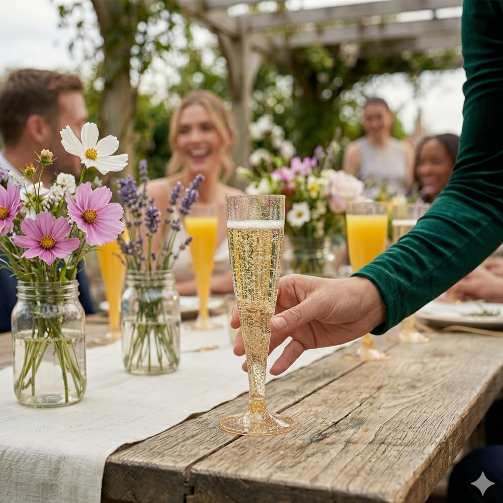 Plastic Champagne Flutes Bulk 25 50 Pack Disposable Reusable Golden Glitter Champagne Glasses for Entryways, Bedrooms and Living Spaces