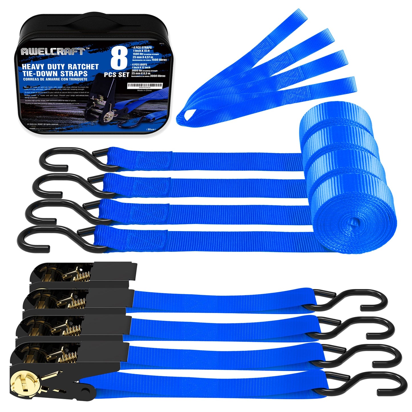 Ratchet Tie Down Straps 4-Pack 15FT 1, 500 lb Break Strength Heavy Duty with Soft Loops & Storage Bag – High-Visibility Webbing