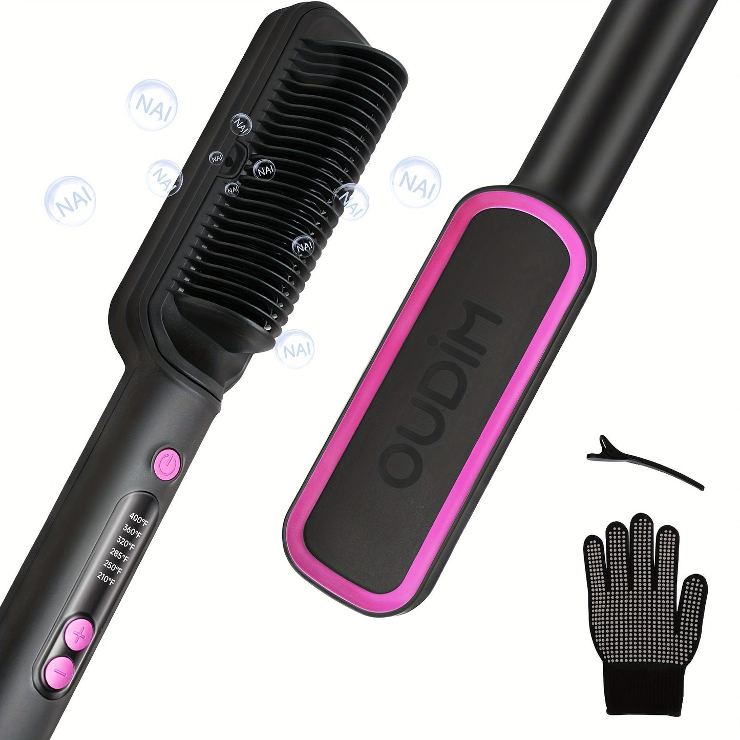OD-6801 Black or OD-6806 Rose-Gold Heated Straightening Brush with Display, Glove and Three-Button Controls