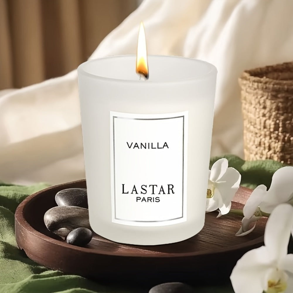 LASTAR Vanilla Scented Candle, 70g Frosted Round Glass Jar with 2.4 oz Marking and Pictured Carton