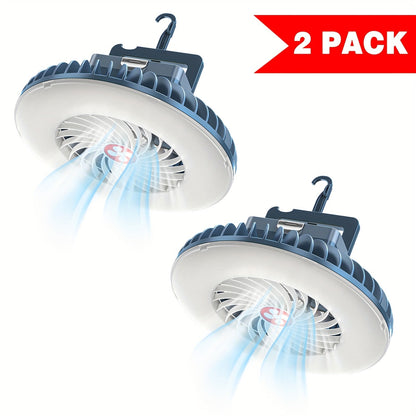 Camping Fan 2-Pack Circular Fan-Light Set with 4000mAh Batteries, 3 Speeds, 2 Brightness Levels, Hooks and Magnets